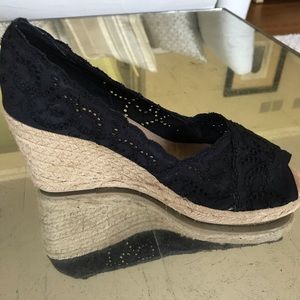 White Mountain espadrille wedge in black eyelet fabric - 3 inch heel